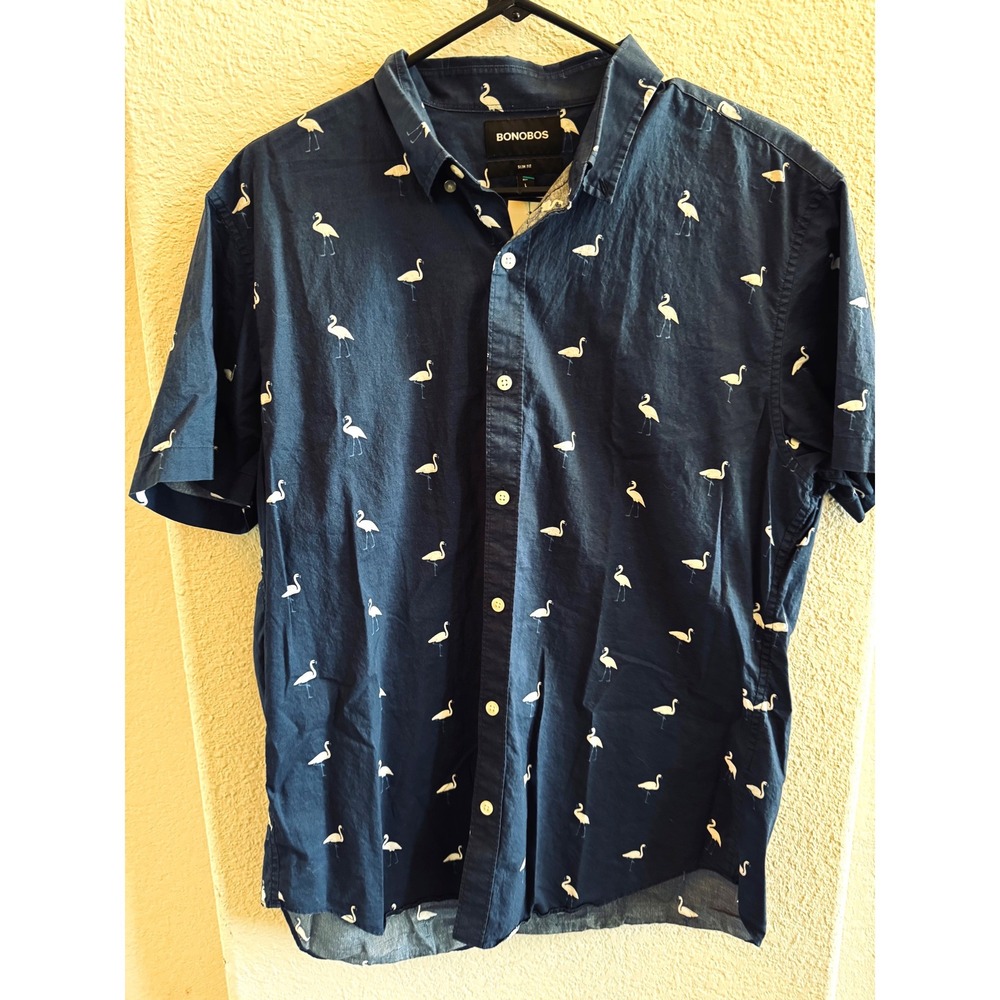 Bonobos Riviera Slim Fit Shirt Mens Large Navy Blue White Flamingo Print SS BND